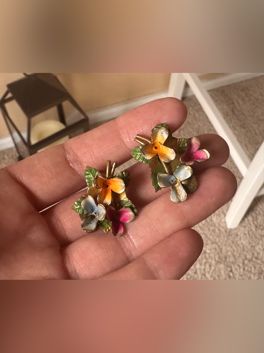 Vintage Floral Metal and Enamel Clip-On Earrings - Multicolor